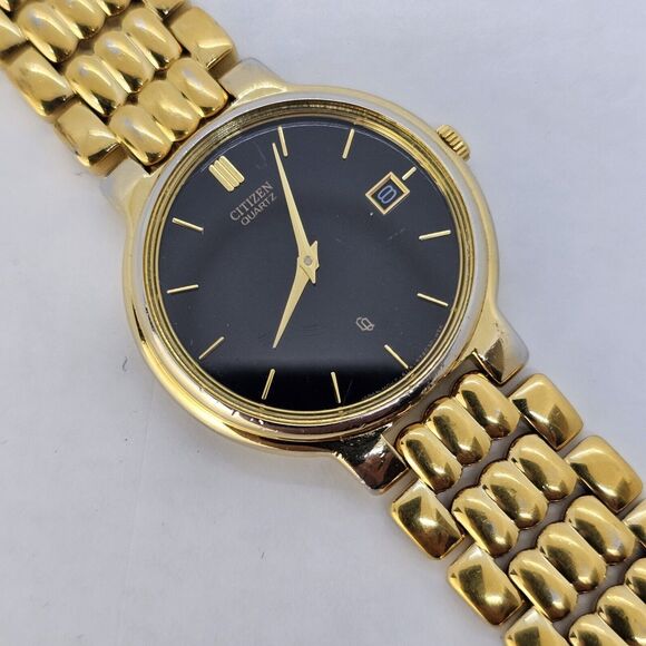 VTG Citizen CQ Women\'s Watch 32MM Black Dial Date Gold Bracelet 7.5\